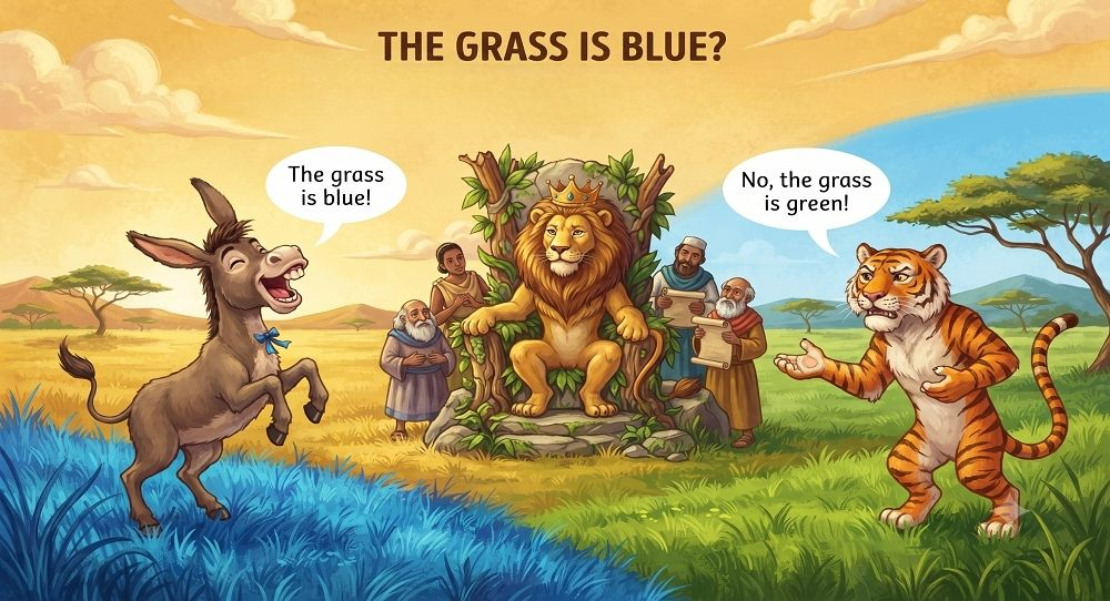 The donkey told the tiger, “The grass is blue.“The tiger replied, “No, the grass is green.“ The discussion became heated, and the two decided to submit the issue to arbitration, so they approached the lion.